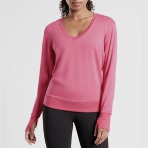 ATHLETA DRAGONFRUIT PINK LONG SLEEVE SUNRISE V-NECK SWEATSHIRT Size M